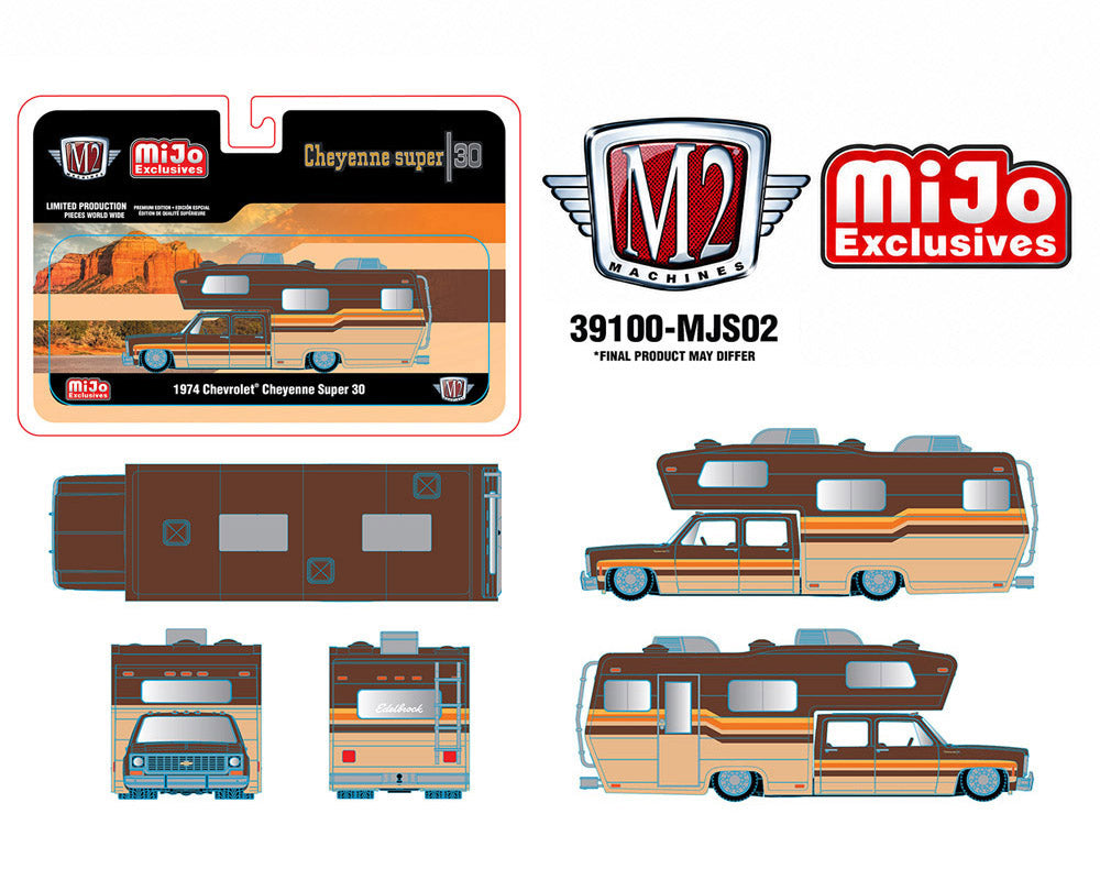 M2 Machines 39100-MJS02 Chevrolet Cheyenne Super 30 camper packaging and multiple-view pre-production artwork