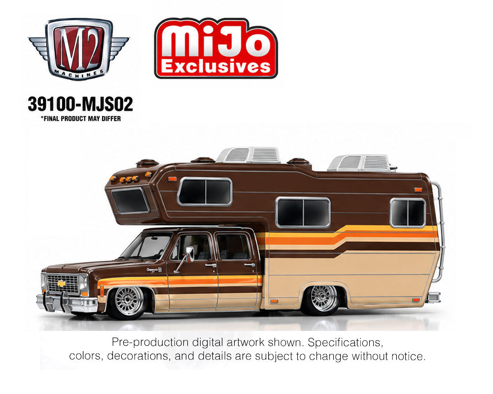 M2 Machines MiJo Exclusives 1974 Chevrolet Cheyenne Super 30 brown and beige custom camper, pre-production artwork