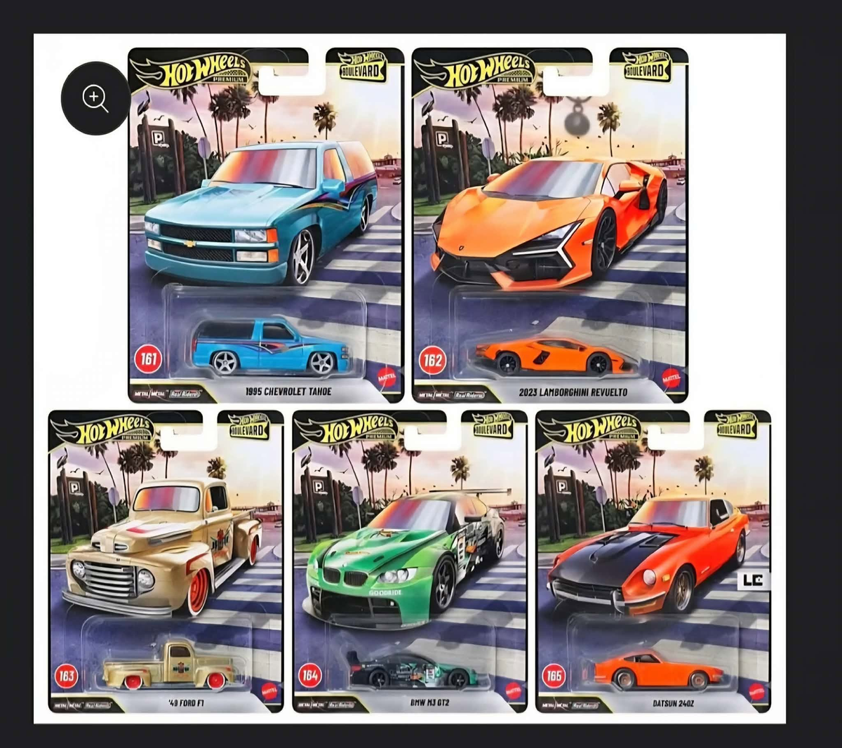 Hot Wheels Boulevard 161–165: Chevrolet Tahoe, Lamborghini Revuelto, Ford F1, BMW M3 GT2 and Datsun 240Z