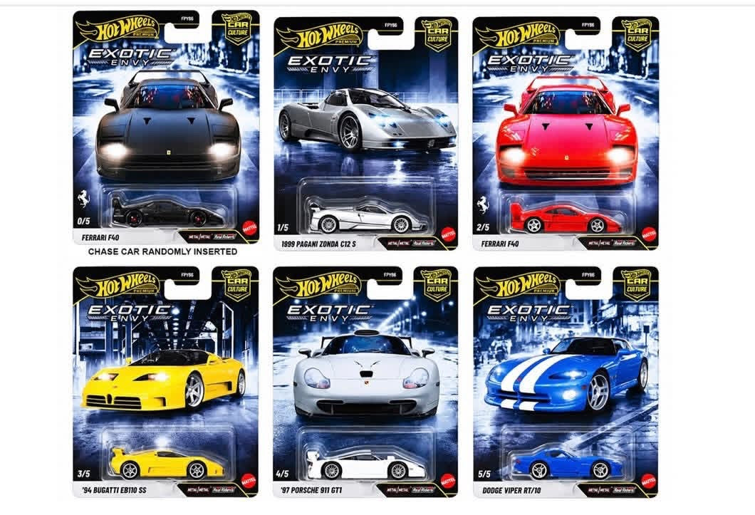 Hot Wheels Exotic Envy five-car set; black Ferrari F40 chase shown for reference, not included