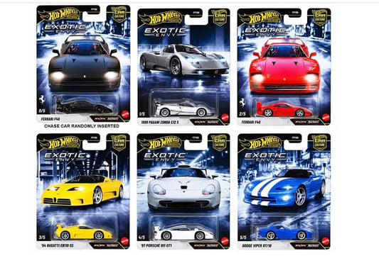 Hot Wheels Exotic Envy five-car set; black Ferrari F40 chase shown for reference, not included